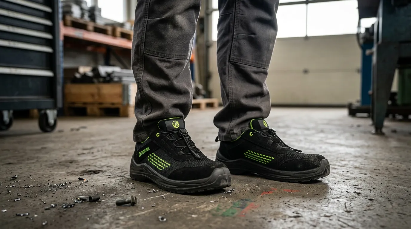 ZEVORX siyah-yeşil örgülü ortopedik iş ayakkabısı S1 - işçi ayağında atölyede